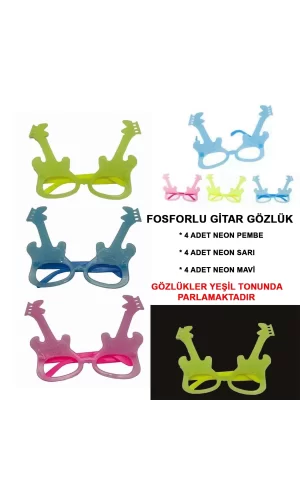 Fosforlu Gitar Model Glow Parti Gözlüğü Karanlıkta Yanan Gözlükler 12 Adet