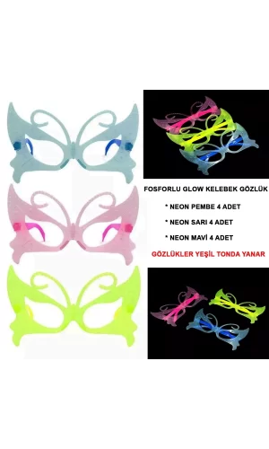 Fosforlu Kelebek Model Glow Parti Gözlüğü Karanlıkta Yanan Gözlükler 12 Adet