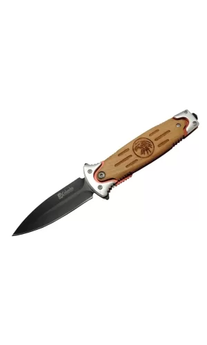 Fs 11032 Kahverengi Kurtarma / Kamp Çakısı 20cm - Kartal İşlemeli Ahşap Sap, Kemerlikli, Cam Kırma Aparatlı