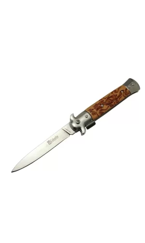 Fs 12461 Kahverengi  Çakı 23cm - Ejder İşlemeli Sap, Kemerlikli, Arkadan Tetikli