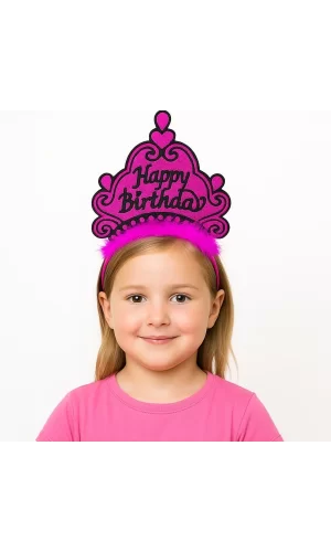 Fuşya Happy Birthday Prenses Tacı – Doğum Günü Taç Aksesuarı