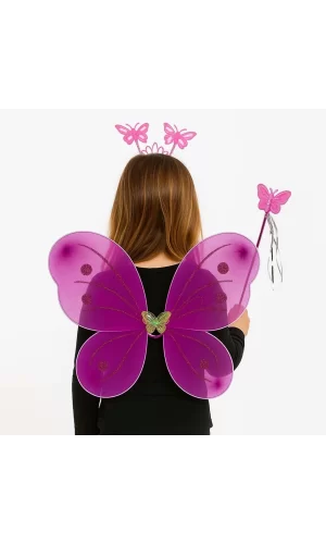 Fuşya Kelebek Kız Seti – 50 Cm Kelebek Kanadı, Taç Ve Asa