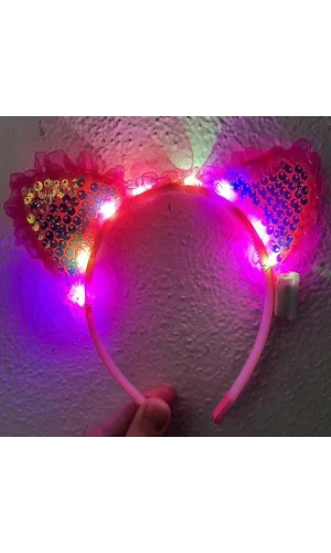 Fuşya Pullu Led Işıklı Kedi Kulak Taç