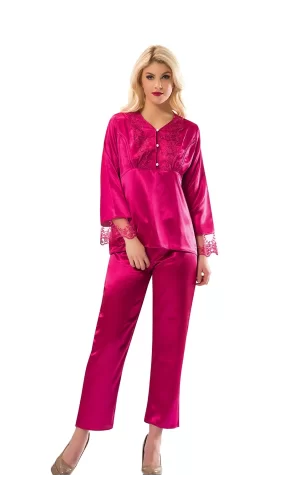 Fuşya Saten Pijama Takımı - 1595