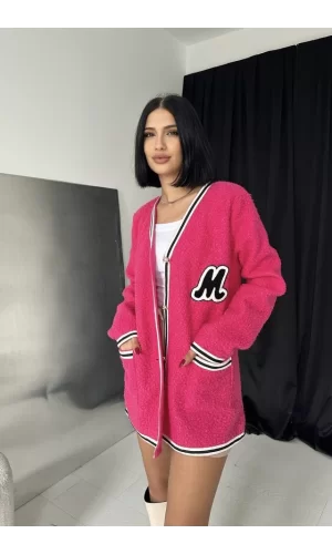 Fuşya Şeritli Bukle Hırka