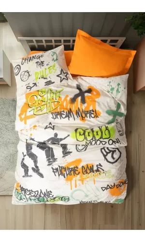 Genç Odası Tek Kişilik Nevresim Takımı Graffiti Oranj