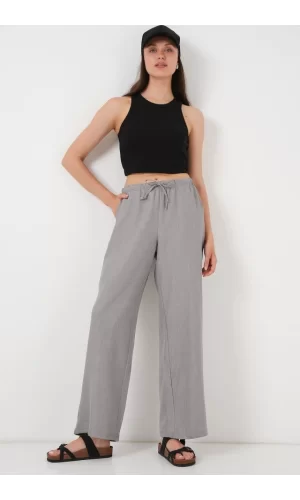 Geniş Paça Keten Pantolon 6735 - Gri