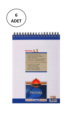 Gıpta A5 Bloknot Prisma Spiralli Karton Kapak Kareli 100 Yaprak 6 Adet