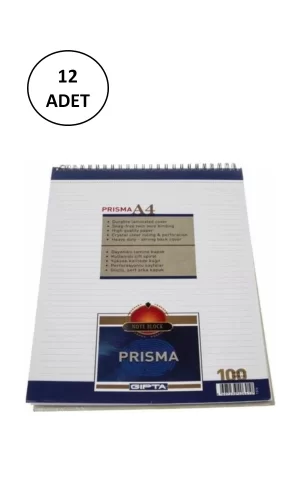 Gıpta Prisma Bloknot A-4 Spiralli Karton Kapak 100 Yaprak Çizgili 12 Adet