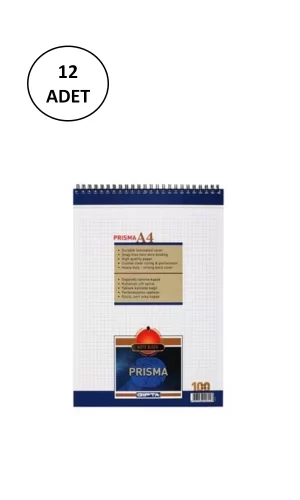 Gıpta Prisma Bloknot A-4 Spiralli Karton Kapak 100 Yaprak Kareli 12 Adet