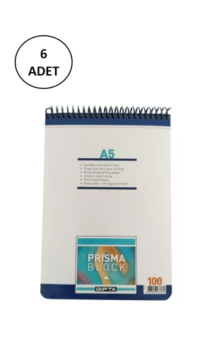 Gıpta Prisma Bloknot A-5 Spiralli Karton Kapak 100 Yaprak Düz 6 Adet