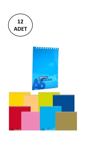 Gıpta Pro Block A6 Spiralli Karton Kapak Bloknot (Not Defteri) 40 Yaprak 12 Adet