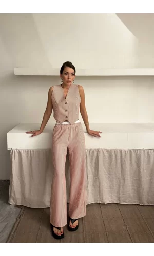 GOFRE ÇİZGİLİ YELEK - PANTOLON TAKIM - Kahverengi