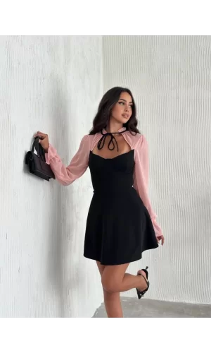 Göğsü Bağlamalı  Kalp Yaka Kolları Şifon Mini Elbise - Siyah Pembe