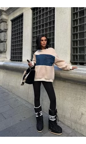 Göğsü Denim Garnili Sweatshirt 3402