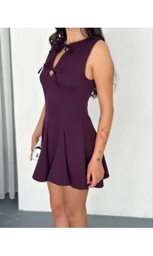 Göğüs Bağlamalı Kolsuz Mini Boy Elbise - Gül Kurusu