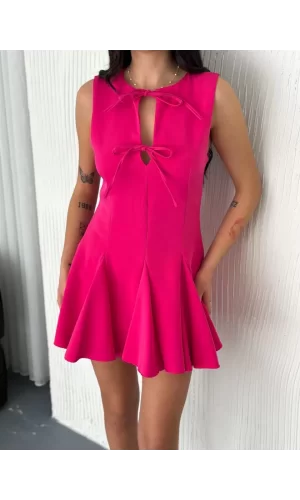 Luz&Pos Göğüs Bağlamalı Kolsuz Mini Boy Elbise - Pembe