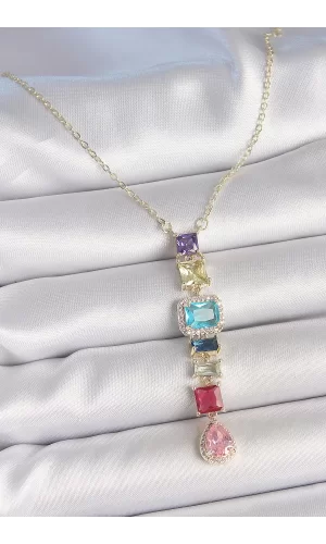 Gold Karışık Renk Zirkon Taşlı Y Pirinç Kolye