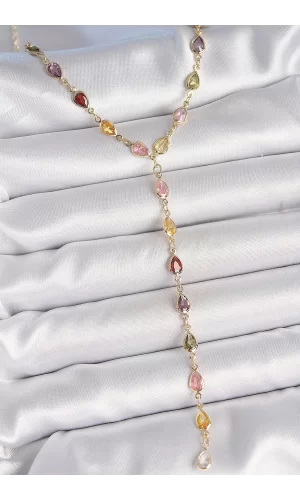 Gold Karışık Renk Zirkon Taşlı Y Pirinç Kolye