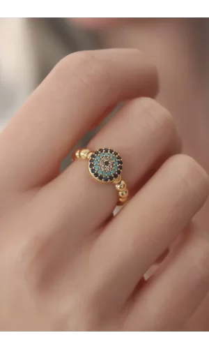 Gold Renk Nazar Boncuk Figür Zirkon Taş Detay Kadın Yüzük