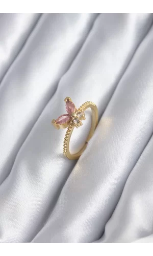 Gold Renk Pembe Zirkon Taşlı Kelebek Model Kadın Yüzük