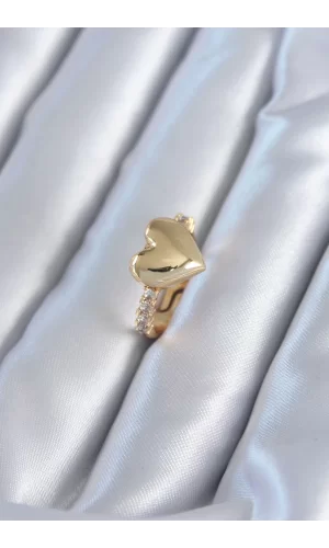 Gold Renk Pirinç Zirkon Taşlı Kalp Model Kadın Yüzük