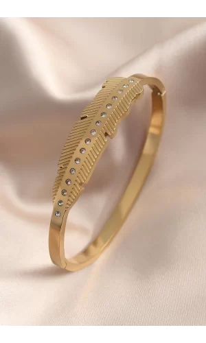 Gold Renk Yaprak Model Zirkon Taş Detay Kelepçe Kadın Bileklik