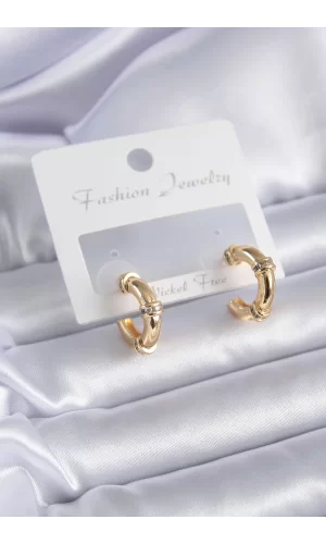 Gold Renk Zirkon Taş Detay Halka Model Pirinç Kadın Küpe
