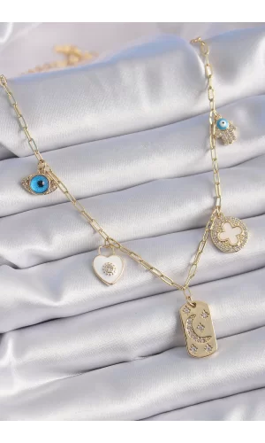 Gold Renk Zirkon Taşlı Çoklu Figür Model Şans Kolyesi