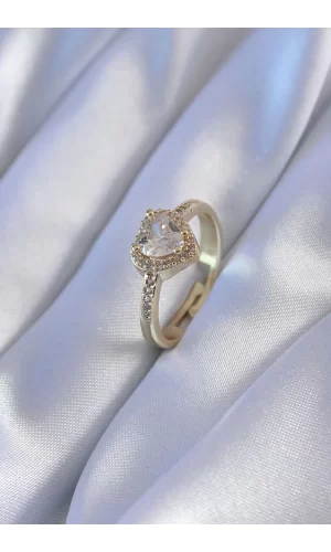Gold Renk Zirkon Taşlı Kalp Model Pirinç Charm Kadın Yüzük