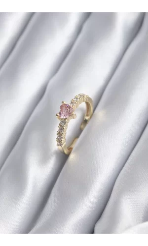 Gold Renk Zirkon Taşlı Pembe Kristal Kalp Model Kadın Yüzük