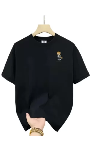 Luz&Pos 20/1 Penye Compack Gözlüklü Ayı Baskılı Oversize Bisiklet Yaka Erkek T-shirt - Siyah