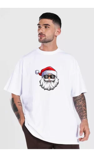 Gözlüklü Noel Baba T-shirt - Beyaz