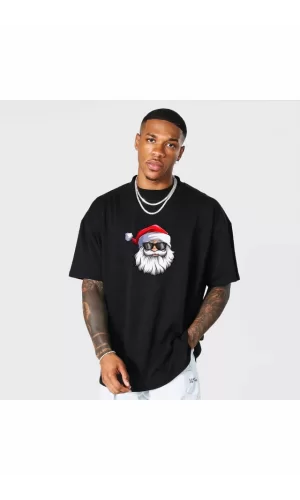 Gözlüklü Noel Baba T-shirt - Siyah