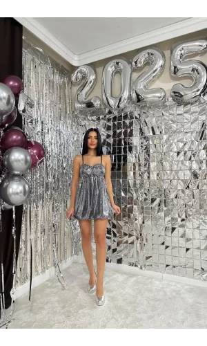 Gri Önü Fiyonklu Balon Elbise