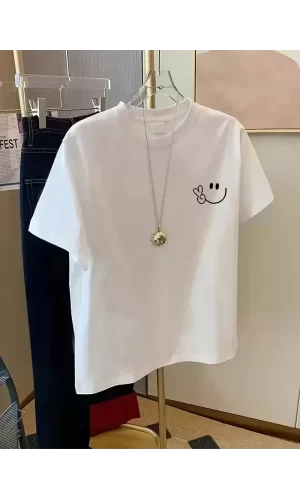 Luz&Pos 20/1 Penye Compack Gülücük Baskılı Oversize Bisiklet Yaka Kısa Kol Yazlık T-shirt - Beyaz