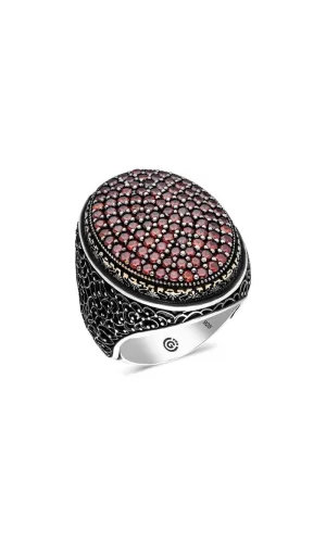 Luz&Pos Gümüş Kırmızı Zirkon Taşlı Oval Erkek Yüzük