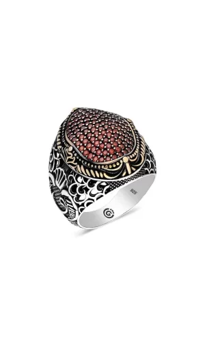 Luz&Pos Gümüş Kırmızı Zirkon Taşlı Oval Erkek Yüzük