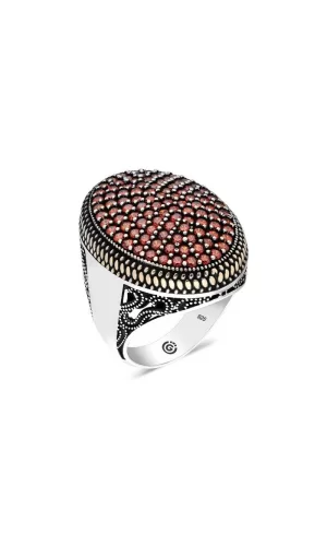 Luz&Pos Gümüş Kırmızı Zirkon Taşlı Oval Erkek Yüzük