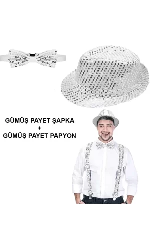 Gümüş Payetli Şapka Ve Papyon Seti – Parıltılı Yetişkin Kostüm Seti