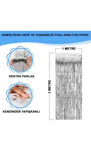 Gümüş Renk Ekstra Metalize Parlak Saçaklı Arka Fon Perde İthal A Kalite 1x2 Metre