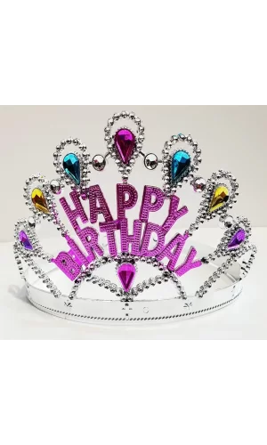 Gümüş Renk Happy Birthday Yazılı Doğum Günü Tacı 60 Cm