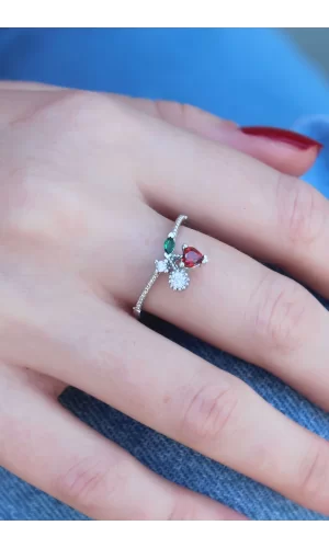Gümüş Renk Kiraz Model Zirkon Taşlı Kadın Yüzük