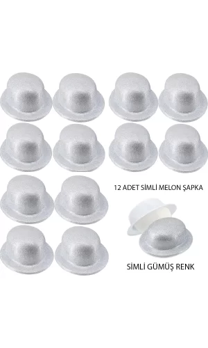 Gümüş Renk Simli Melon Yulak Parti Şapkası 12 Adet