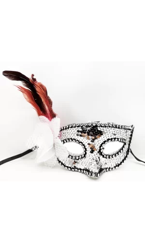 Gümüş Renk Yandan Tüylü Güllü Gümüş Taşlı Pullu Maske 20x22 Cm