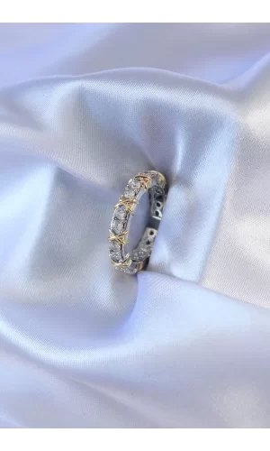 Gümüş Renk Zirkon Taşlı Gold Renk Detay Xoxo Kadın Yüzük