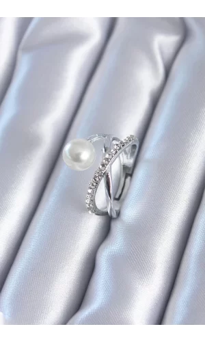 Gümüş Renk Zirkon Taşlı İncili Kadın Yüzük