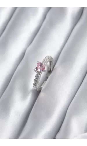 Gümüş Renk Zirkon Taşlı Pembe Kristal Kalp Model Kadın Yüzük