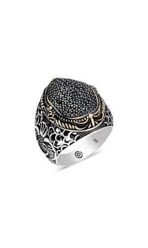 Luz&Pos Gümüş Siyah Zirkon Taşlı Oval Erkek Yüzük