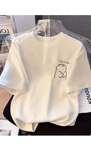 Luz&Pos [günlük T-shirt] Hafif Kadın Günlük T-shirt | Bol Kesim, Kısa Kollu, Yuvarlak Yaka, Eğlenceli Karikatür Ayı Ve umrumda Değil Baskı - Günlük Stil, İlkbahar/yaz- Beyaz